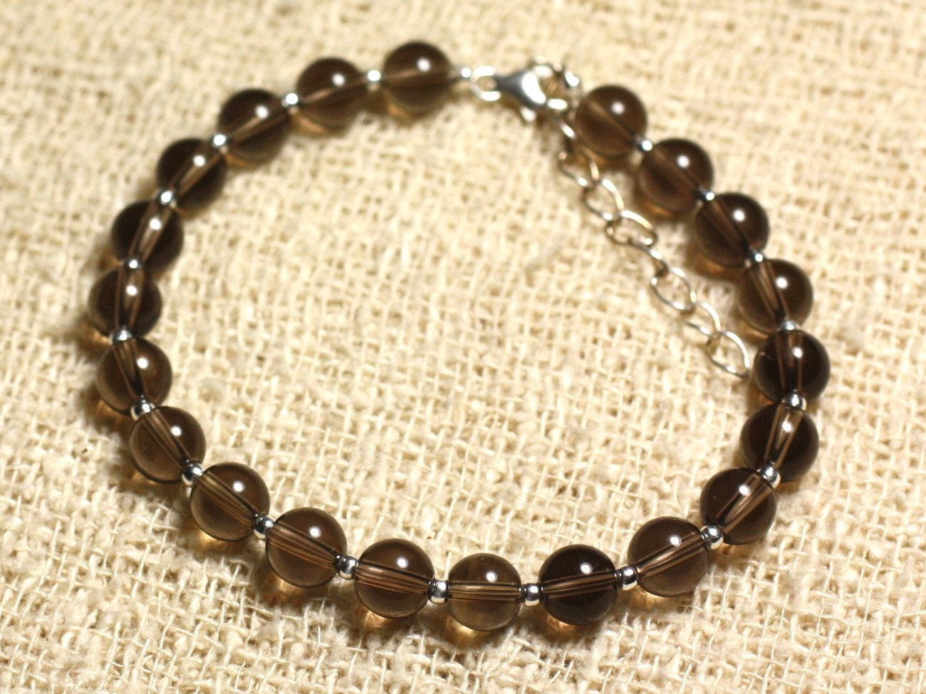 Bracelet de luxe en argent 925 et perles de quartz fumé 6mm de qualité supérieure