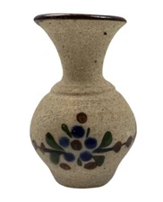 Mexico Tonala Sandstone Small Bud Vase Folk Art Cobalt Blue Flowers Pottery VTG