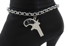 Women Silver Metal Chain Boot Bracelet Shoe Gun Revolver Charm Day Night Wear