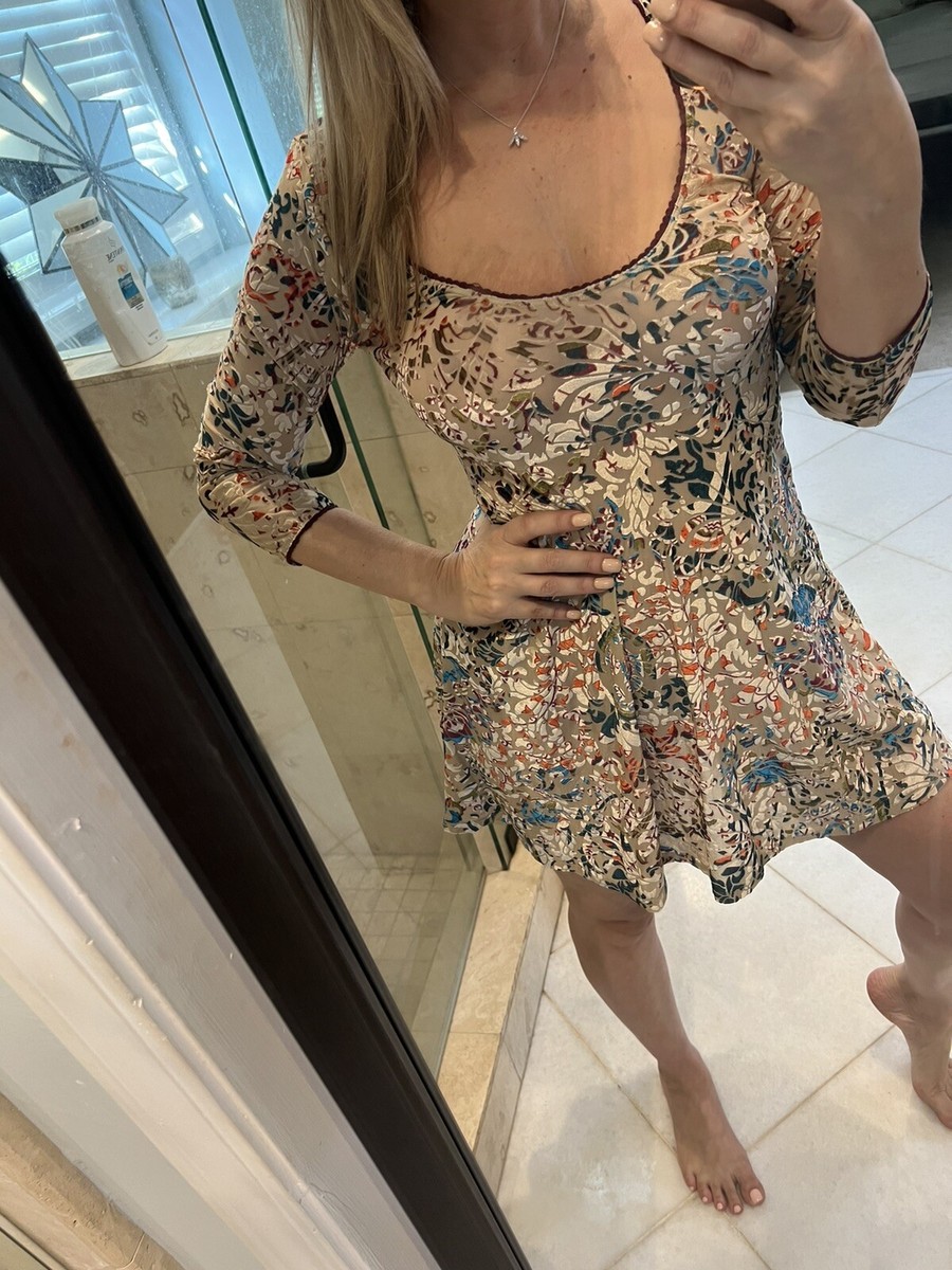Free People Tan Burnout Velvet Floral U neck 3/4 Long sleeve Mini Dress Cranberr Free People Tan Burnout Velvet Floral U neck 3/4 Long sleeve Mini Dress Cranberr