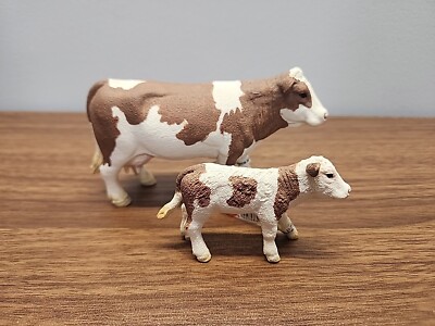 Schleich Simmental Cow & Baby Calf Steer 13801 13802 Farm Toy Figure Brown ~ NWT