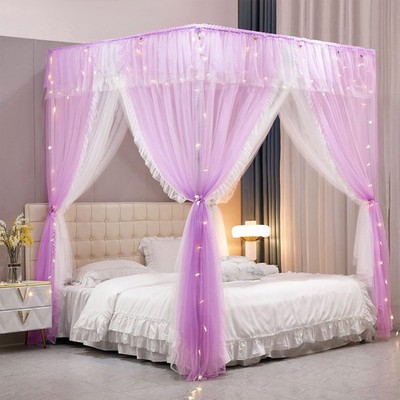 VETHIN 4 Corners Post Ruffle Princess Bed Canopy Curtain-Double Layer Cozy Dr...