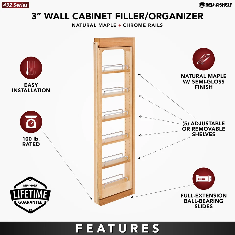 Rev-A-Shelf Pullout Wall Filler Cabinet Wooden Organizer, 42" Hgt, 432-WF42-3C - Image 2 of 4