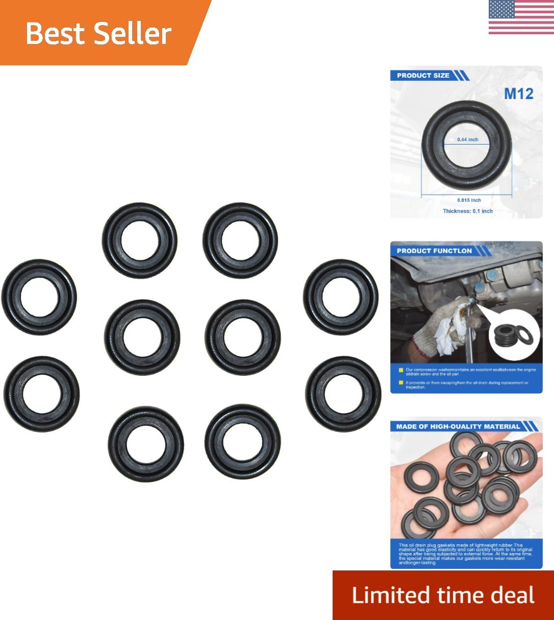 Drain Plug Gasket, Rubber Car Sealing Gasket, M12 Crush Wash