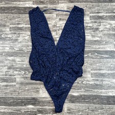 Victoria's Secret sz Large Lingerie Teddy Bodysuit Navy Blue Sheer Lace Plunge