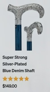 Silver Plated Handle Wood Walking Cane 37 inches Blue Denim Beechwood Cane