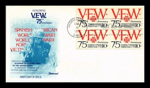 US COVER BLOCK OF 4 HONORING VFW ANNIVERSARY FIRST DAY OF ISSUE FLEETWOOD