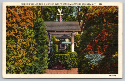 1949 Saratoga Springs Wishing Well, Chauncey Olcott Garden Postcard