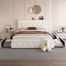 Full/Queen Upholstered LED Bed Frame, 4 Storage Drawers Charging Station
