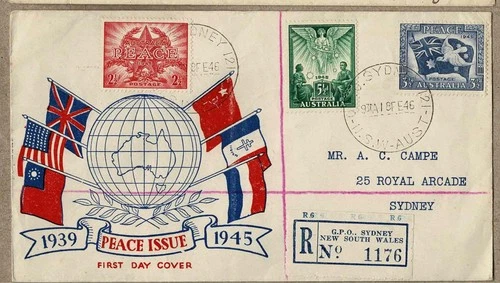Australia 1946 Alf Campe Self Addressed Registered Peace Flags FDC Cover