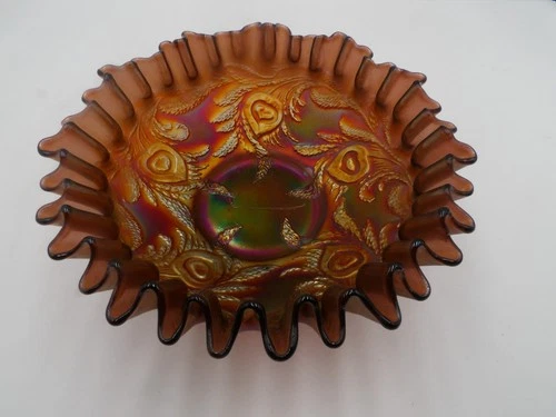Antique Fenton Iridescent Carnival Glass Heart & Vine 8” Bowl Ruffled Edge