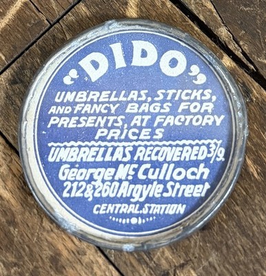 ANTIQUE C. 1890 DIDO UMBRELLAS FANCY BAGS POCKET MIRROR SIGN CENTRAL STATION HTF