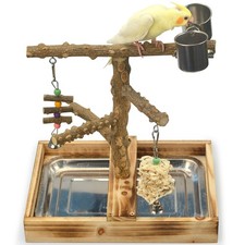 Natural Wood Bird Toys Playground Cage Accessories Perches Tray 2 Steel Cups