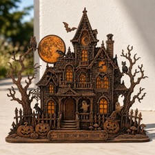 2D Flat Personalized Haunted House Wooden Block, Gothic Halloween Decor
