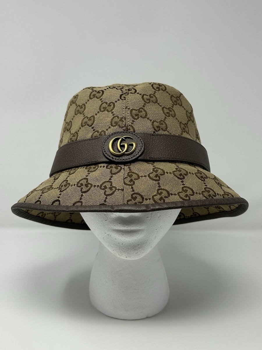 Gucci GG Supreme Canvas Bucket Hat M 58cm Beige/Brown Leather Trim