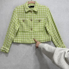 ZARA Jacket Womens Small Green Check Tweed Cropped Button Front Pockets Collared