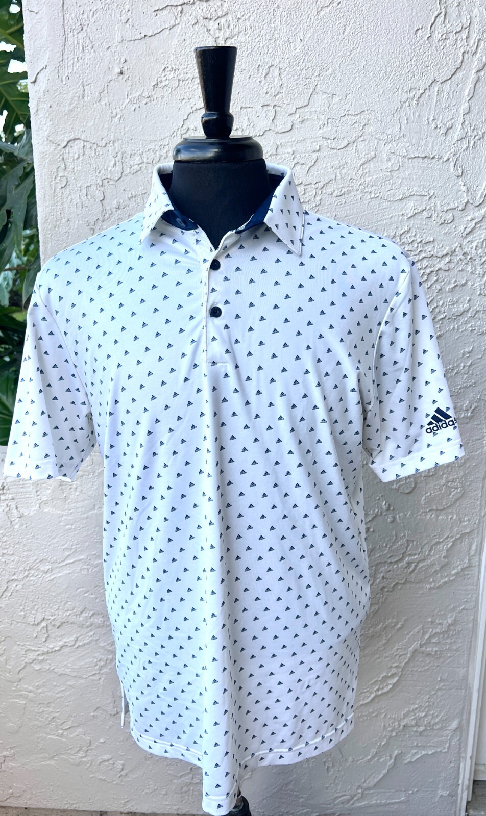Adidas Polo Shirt Adult Size M White Blue Trefoil Print Logo Golfing Casual Mens