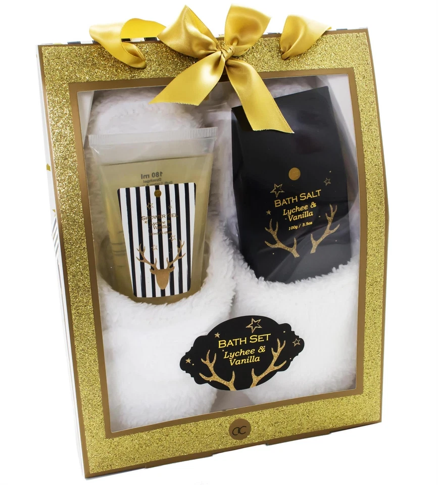ACCENTRA Badeset GLITTER Geschenkbox mit Pantoffeln Duschgel Badesalz - LITSCHI & VANILLE