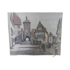 Vintage German Silk Etching of Rothenburg on der Tauber Signed