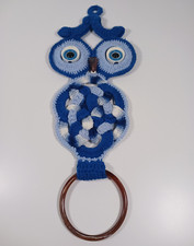 Vintage Retro Crochet Blue Owl Wall Hanging Boho Decor Towel Hanger