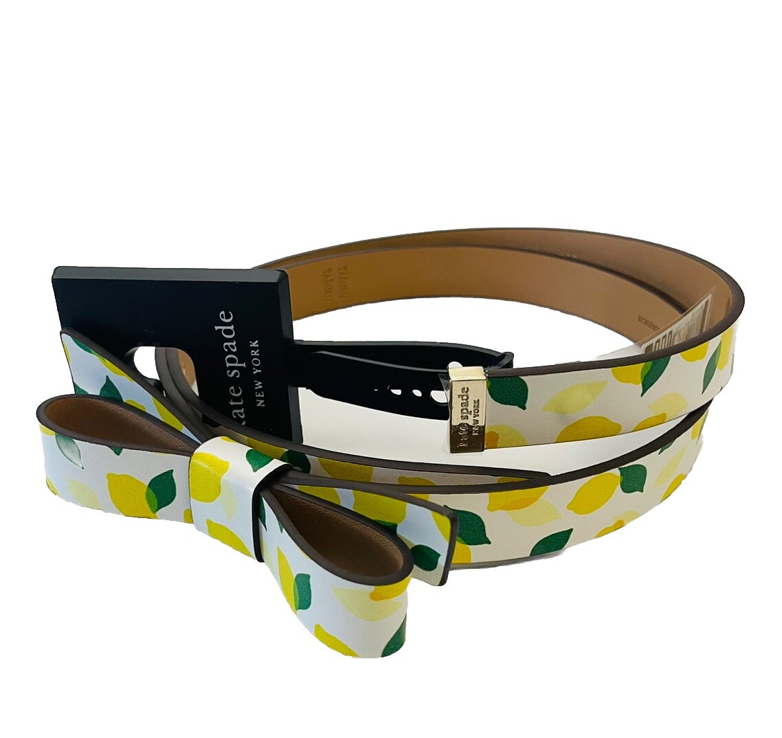 NWT Kate Spade Genuine Leather Belt Bow Lemon Floral Print L White Yellow