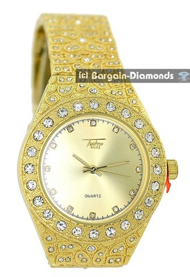 Mens 43 mm Gold Nugget CZ Clubbing Watch/Case/Bezel Gold CZ Dial 8'' CZ Bracelet
