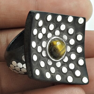 Tigerauge Ring 925 Sterling Silber Holz Dots Boho Schmuck Ringgröße 7.5