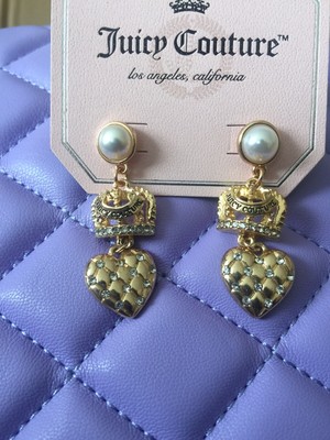 Juicy Couture Earrings Crown Heart Drop Earrings Gold Tone Pearl Quilted Style Ebay