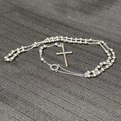 Stainless Steel Rosary 18'' Open Circle Center 5mm Beads Cross w/ Clear Stone