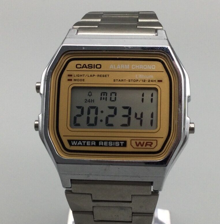 Casio Watch Unisex 33mm Silver Gold Tone Digital 593 A158WE Casio Watch Unisex 33mm Silver Gold Tone Digital 593 A158WE