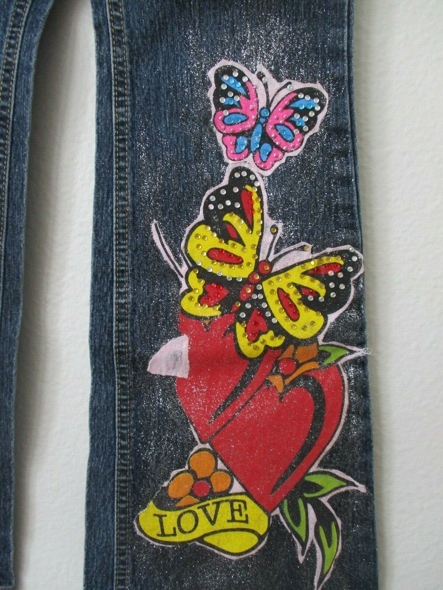 Butterfly Rhinestone Jeans Grane Denim Girls Size 12 Blue Boot Cut Zip  Closure