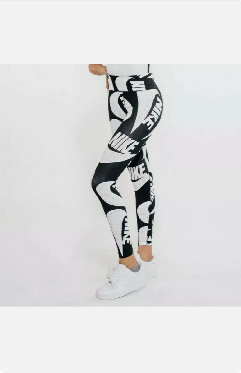 Nike Womens All Over Logo Print Leggings CJ2059-010 Black & White Size XS  New