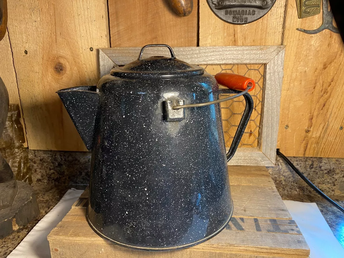 Vintage Enamel Ware Cowboy Coffee Pot 