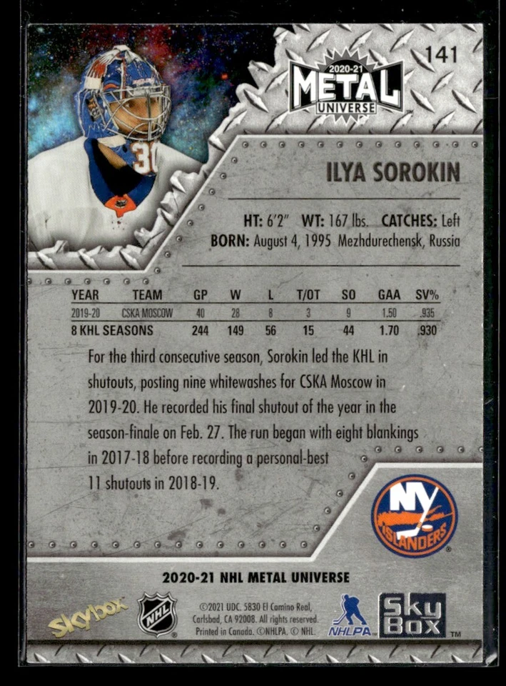 2020-21 Skybox Metal Universe Ilya Sorokin Rookie #141 - Image 2 of 2