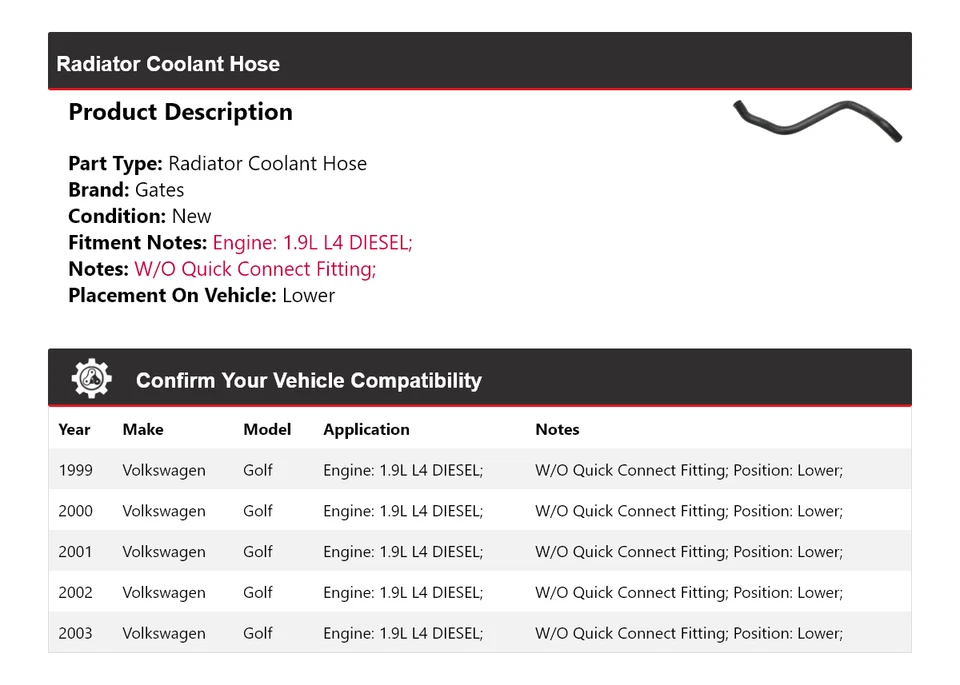 Для 1999-2003 Volkswagen Golf 1,9 л L4 дизельный радиатор шланг охлаждающей жидкости нижние ворота - Изображение 2 из 4