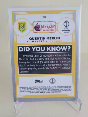 2022-23 TOPPS MERLIN UEFA QUENTIN MERLIN BLUE SHIMMER RC #111 Ser #28/75 - Picture 2 of 2