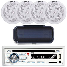 Pyle CD Player Marine MP3 AM/FM Radio Receiver with Cover, 4x 4" White Speakers