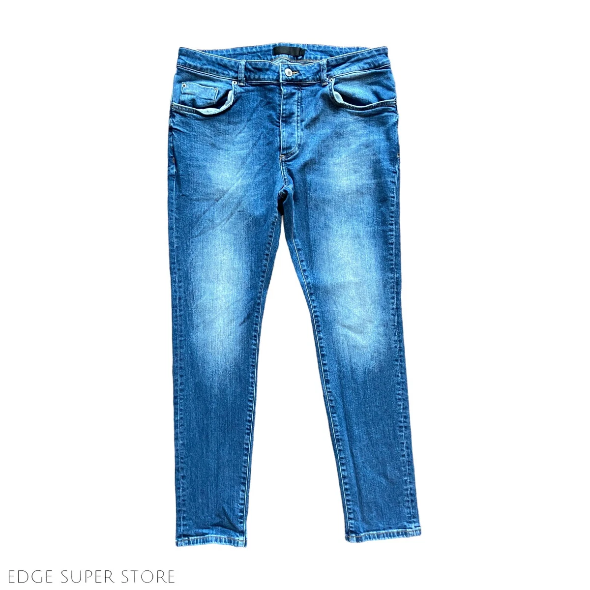 Mennace Blue Wash Straight Leg Distressed Faded Denim Jeans Pants Size 34 X 29