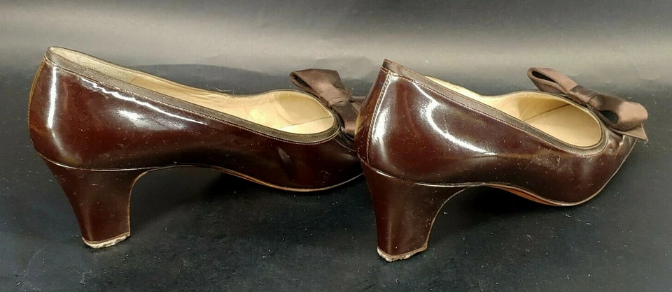 Saks Fifth Ave by Fenton Last Brown Patent Leather Satin Bow Kitten Heels 6 mABR - Image 4 of 4