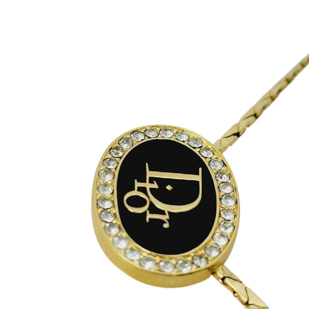 Collana Christian Dior nera ovale firma logo GP strass charm usata