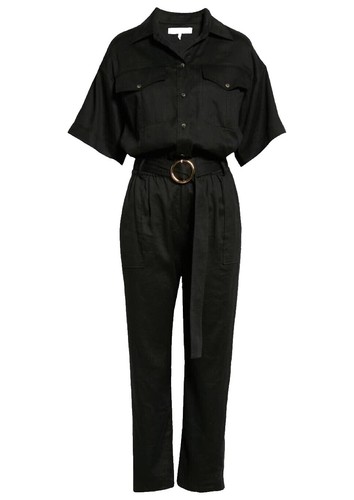 Black Crane Womens Black Linen V Neck Wrap Waist Short Sleeve