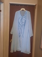 Light Blue Chiffon Beaded Sequin Sleeveless Sheath Dress with Jacket