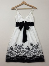 Y2K Max Studio Black & White Embroidered Babydoll Sundress M Ruched Bow Tie