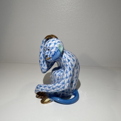 Herend Porcelain Monkey Figurine Blue Fishnet Pattern Hand Painted