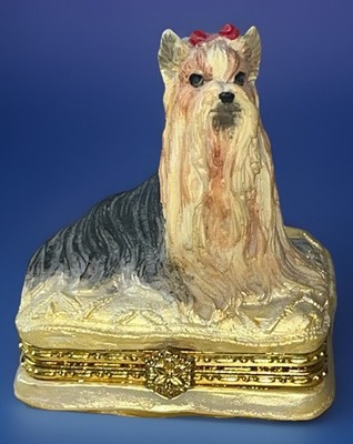 Yorkshire Terrier Pill/Jewelry Ring Box w: Gold Tone Trim 1.75  Wide 2.25  Tall