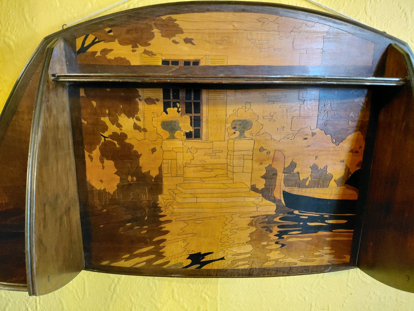 Rare French 1930s Wooden Inlay Scene Art Marquetry Display Shelf 75 X 41 Cms