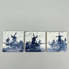 Lot of 3 Blue Delft Hand Painted 3" x 3" Mini Tiles Windmills Boats VTG Holland