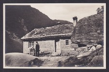 Vintage postcard elderly Norwegians turf roof cottage mountain Norway rural life