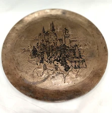 Vtg Hand ETCHED COPPER/BRASS 7¾" PLATE Neuschwanstein Castle Bavaria Germany