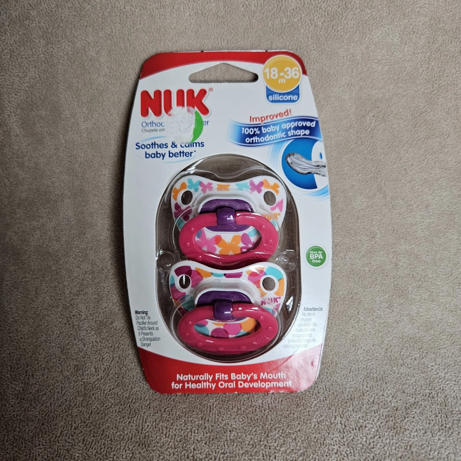 NEW 2pk NUK Silicone Orthodontic Pacifiers 18-36m Pink/Purple Butterfly BPA Free
Opens in a new wind